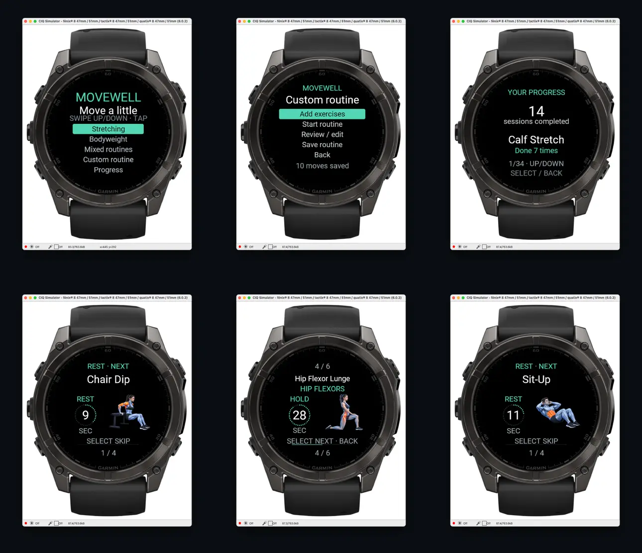 MoveWell watch screens showing routine selection, exercise guidance, rest and completion