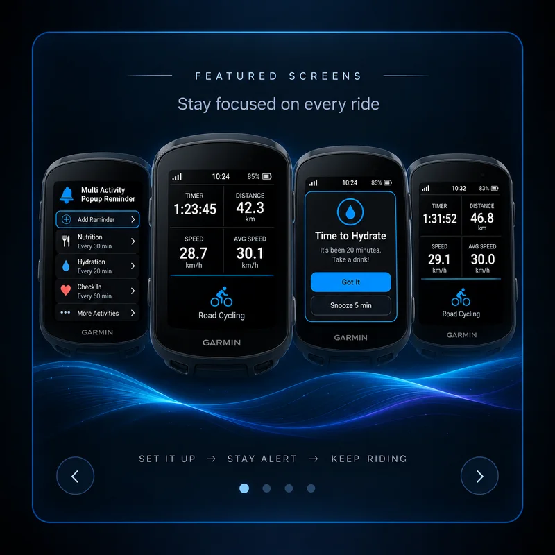Multi Activity Popup Reminder featured Garmin Edge screens